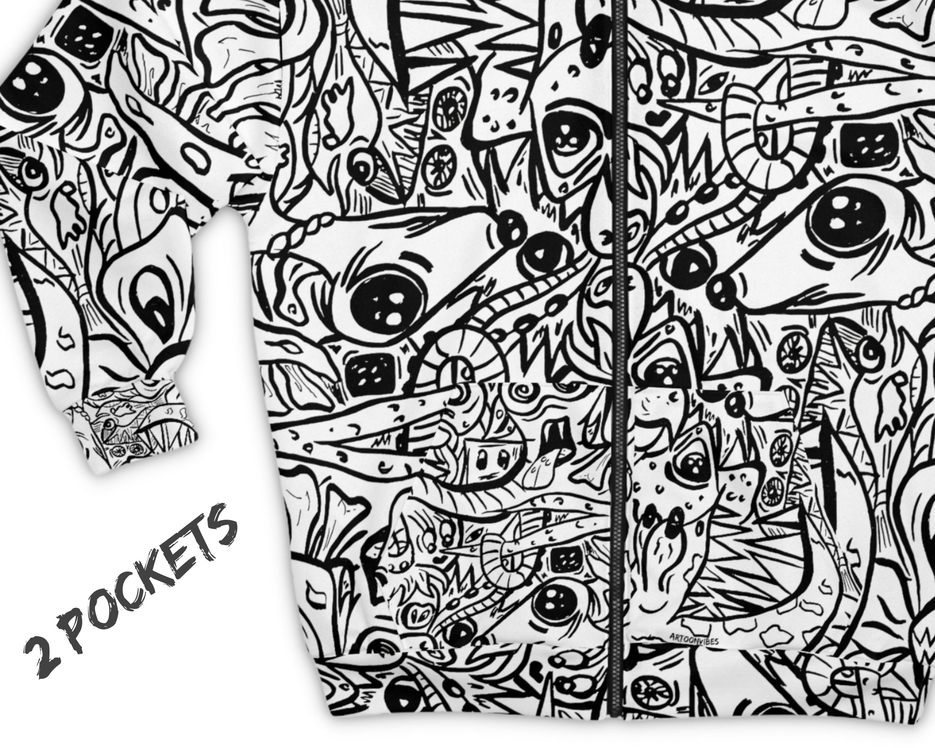 Trendy Zip up Hoodie Original Doodle Art Design All Over Etsy