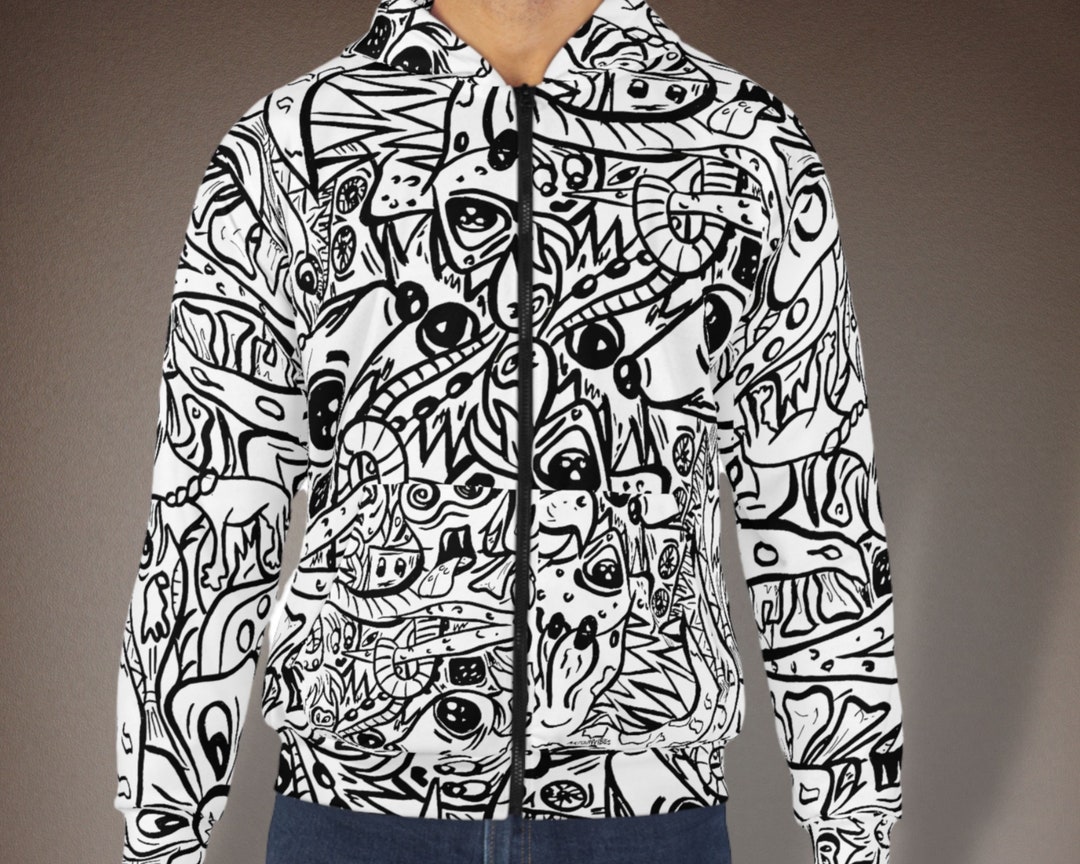 Trendy Zip up Hoodie Original Doodle Art Design All Over Etsy
