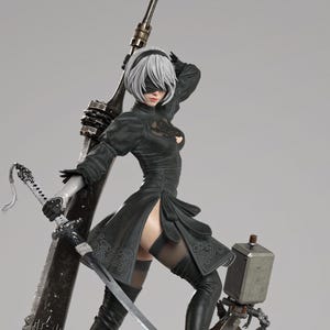 2B Inspired Android Warrior Statue – Hand-Painted Anime Figure with Sword & Diorama Base – Custom Collectible in Multiple Scales