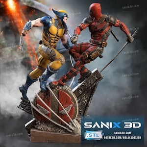 3D-utskriven Deadpool vs Wolverine-inspirerad fankonst - Handgjord 3D-staty