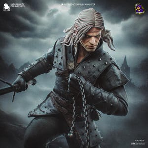 May include: A detailed figurine of a character from The Witcher series, clad in dark armor with silver studs. The figure holds a sword and chain, with long white hair and a scar. The background is a stormy, overcast sky.