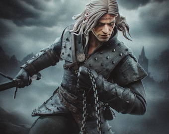 Geralt of Rivia Inspired Diorama / Witcher Resin Statue / Monster Hunter Figure / Hand Painted Resin Collectible / Dark Fantasy Display