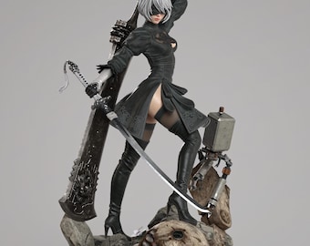Hand-Painted 2B Android Warrior Statue: Anime Figure with Sword