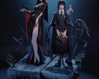 Morticia & Wednesday Diorama: Hand-Painted Gothic Resin Collectible