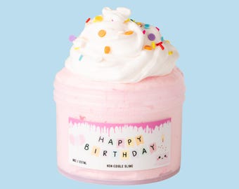 Happy Birthday Cake Slime for Kids, Thick and Glossy Slime with Clay, Scented Slime Gift, Birthday Party Slime, Sensory Toy 8oz