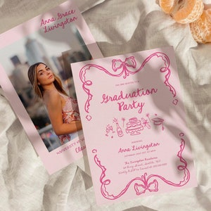 Coquette Graduation Photo Invitation Hand Drawn Whimsical | Bow Frame Graduation Party Invite | 100% Color Editable | Canva Template