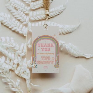 TWO GROOVY Gift Tag Editable Template | Retro Thank You Gift Tags | 70s Hippie 2nd Birthday Party Gift Favor Tag | Digital Download