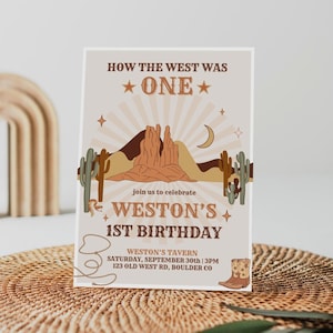Editable WILD WEST 1st Birthday Invitation Template | Western Cowboy Boys Birthday Invite | How The West Was One | Digital Download | CANVA