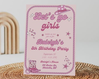 Modelo editável de convite de aniversário de rodeio de discoteca | O aniversário cor-de-rosa da vaqueira convida de <br> Entrega Rápida? O aniversário das meninas do rodeio convida | Download digital | CANVA