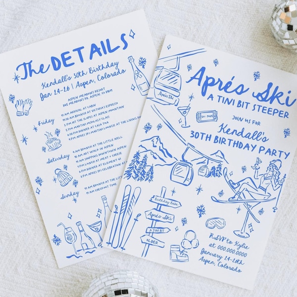 Après Ski Birthday Party Invitation Template | A Tini Bit Older | Toast On The Slopes | Winter Birthday Weekend Itinerary Invite Hand Drawn