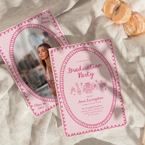 Coquette Graduation Photo Invitation Hand Drawn Whimsical | Bow Frame Graduation Party Invite | 100% Color Editable | Canva Template