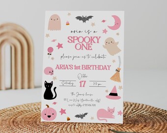 Spooky One 1st Birthday Invitation Template | Editable Halloween Party Invite | Girls First Birthday Invite | Digital Download | CANVA