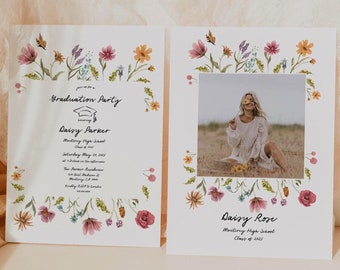 May include: A graduation party invitation with a floral border and a photo of a young woman in a white dress. The invitation is for Daisy Parker, graduating from Monting High School, Class of 2023.