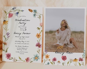May include: A graduation party invitation with a floral border and a photo of a woman holding a flower in front of her face. The invitation includes the text "Graduation Party" and "Daisy Parker".