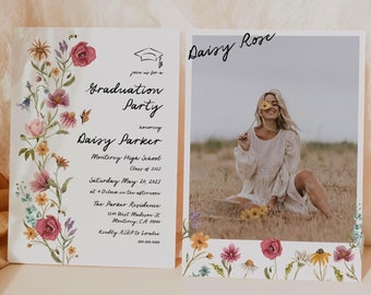 May include: A graduation party invitation with a floral border and a photo of a young woman holding a yellow flower. The invitation is for Daisy Parker, graduating from Monterey High School in 2025. The party will be held on Saturday, May 20, 2025, at the Parker Residence in Monterey, California.