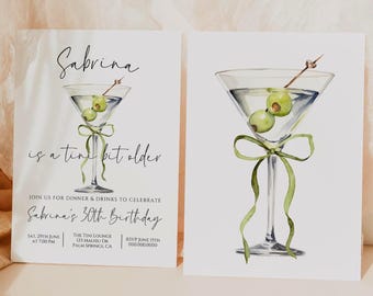 A Tini Bit Older Martini Birthday Invitation Editable Template, Dirty Thirty Invite, 30th Birthday Invite, Coquette Green Bow Martini, Canva