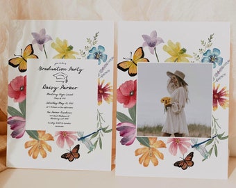Wildflower Graduation Invitation Editable Template, Graduate Announcement Card, Wildflowers Grad Photo Card, Butterfly Flower Invite, Canva