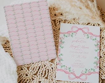 Coquette Bloemen Roze Boog Afstuderen Uitnodiging | Sjabloon voor afstudeeraankondiging | 2024 Grad-uitnodiging | Afstudeerfeest uitnodigen | Directe download