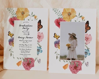 Wildflower Graduation Invitation Editable Template, Graduate Announcement Card, Wildflowers Grad Photo Card, Butterfly Flower Invite, Canva