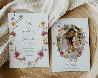 Wildflower Graduation Invitation Template | Oval Photo Grad Invite | Wildflowers Boho Graduation Announcement | Digital Download | CANVA