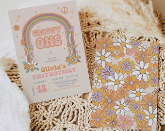 Plantilla de invitación editable para el primer cumpleaños de Groovy One / Invitación a una fiesta de cumpleaños retro para niñas / Arcoíris hippie de los años 70 / Descarga digital