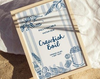 Modèle d'enseigne personnalisé modifiable pour fête d'ébullition des écrevisses, enseigne de table modifiable dessinée à la main, enseigne d'ébullition de fruits de mer, fête de famille d'ébullition du poisson, côtier