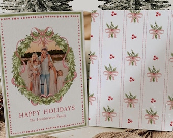 Striped Holiday Photo Card Template | Christmas Wreath Family Photo Card | Happy Holidays Card | Grandmillennial | Instant Download | Canva