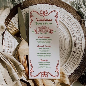 Weihnachts-Menü Vorlage 10x23 | Weihnachtsessen & Getränkekarte | Wunderliches Feiertags-Dinner-Party-Menü | Handgezeichnet | Alle Farben bearbeitbar | Leinwand