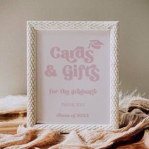 Modelo de sinal de cartões e presentes de formatura | Placa editável para mesa de festa de formatura | Sinal de formatura retrô | Sinal Boho para impressão | Download digital