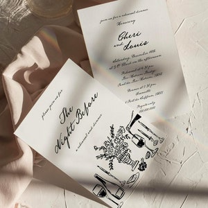 Convite para jantar de ensaio na noite anterior | Casamento caprichoso | Convite para jantar | Desenhado à mão | Modelo editável do Canva