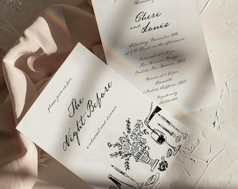 Convite para jantar de ensaio na noite anterior | Casamento caprichoso | Convite para jantar | Desenhado à mão | Modelo editável do Canva