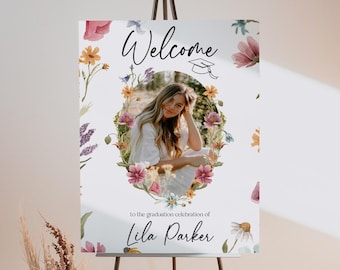 May include: Welcome to the graduation celebration of Lila Parker. A floral welcome sign with a photo of a woman in a white dress and a graduation cap illustration.