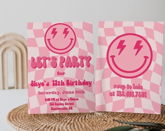 SMILEY Retro Birthday Invitation Template | Retro Hot Pink Smile Face Birthday Invite | Editable Invite Printable | Digital Download | CANVA