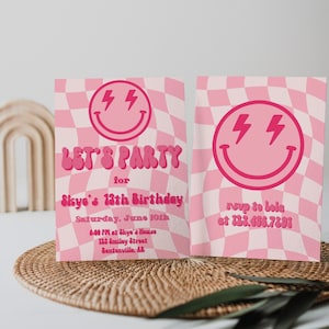 SMILEY Retro Birthday Invitation Template | Retro Hot Pink Smile Face Birthday Invite | Editable Invite Printable | Digital Download | CANVA