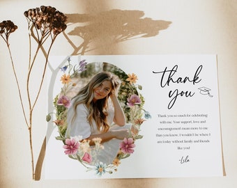 May include: A thank you card with a floral wreath surrounding a photo of a person. The text on the card reads "thank you" and includes a message of gratitude for support, love, and encouragement.