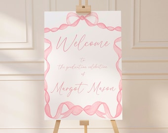 Coqueta Pink Bow Graduación Signo de bienvenida / Plantilla de signo de graduación / 2024 Grad Signo de bienvenida / Fiesta de graduación rosa / Descarga instantánea