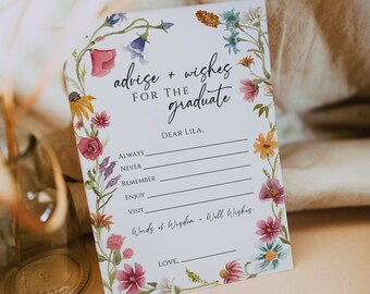 May include: A white card with a floral border and the text "advice + wishes for the graduate". The card has lines for writing advice and well wishes for a graduate named Lila.