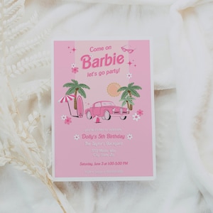 Malibu Barb Birthday Invitation Template | Barbi Doll Retro Pink Car Birthday Invite | Girls Birthday Party | Digital Download | CANVA