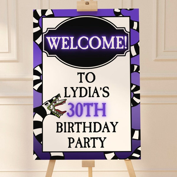 Editable Purple Beetlejuice Birthday Welcome Sign | Printable Welcome Sign | Spooky Birthday Sign | Sand Worm | Digital Download | 18x24