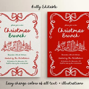 May include: Two Christmas Brunch invitations. One is white with red accents, the other is red with white accents. Both feature the text "Christmas Brunch" and illustrations of food and drinks. The invitations are fully editable.