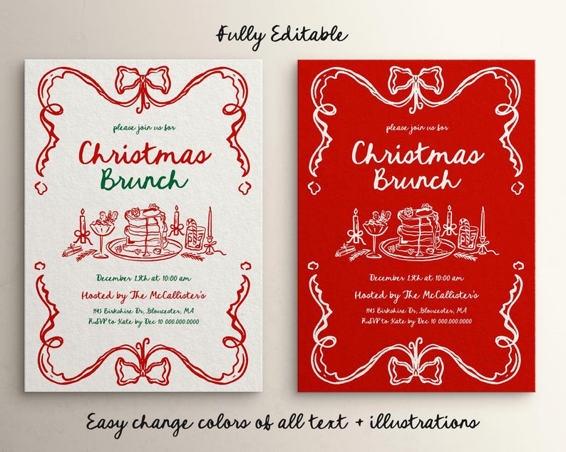May include: Two Christmas Brunch invitations. One is white with red accents, the other is red with white accents. Both feature the text "Christmas Brunch" and illustrations of food and drinks. The invitations are fully editable.