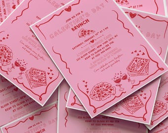 アモーレ・ガールズブランチ招待状、バレンタインデーピザパーティーガールズナイト、ガールズナイト招待状、編集可能なテンプレート、手描き、コケット