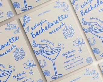 Coastal Cowgirl Bachelorette Invitation Itinerary Template, Coastal Beach Bachelorette Hen Party Weekend, Hand Drawn Funky Whimsical Invite