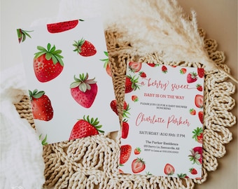Editable Strawberry Baby Shower Invitation | Berry Sweet Baby Shower Party Printable Invite | Digital Download | Edit In Canva