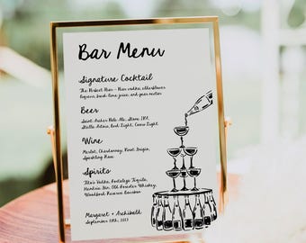 Whimsical Wedding Bar Menu Sign Template | Hand Drawn Bar Menu | Wedding Drink Menu | Bridal Bar Menu Sign | Handwritten Bar Menu | Canva