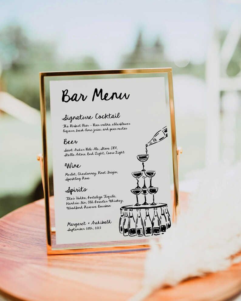 Whimsical Wedding Bar Menu Sign Template Hand Drawn Bar Menu Wedding