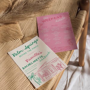 May include: A pink and green invitation for a bachelorette party in Palm Springs. The invitation features a palm tree and a cactus with the text "Palm Springs Before the Rings Priscilla's Bachelorette Weekend".