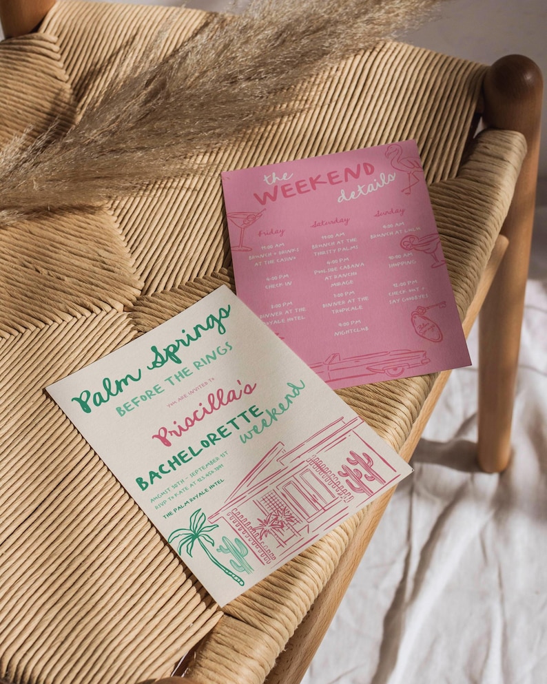 May include: A pink and green invitation for a bachelorette party in Palm Springs. The invitation features a palm tree and a cactus with the text "Palm Springs Before the Rings Priscilla's Bachelorette Weekend".