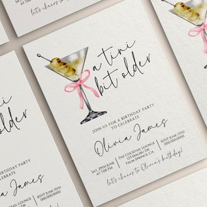 May include: A birthday party invitation featuring a watercolour illustration of a martini glass with olives and a pink ribbon. The text reads "a tini bit older" and includes the party details: date, time, location, and RSVP information.