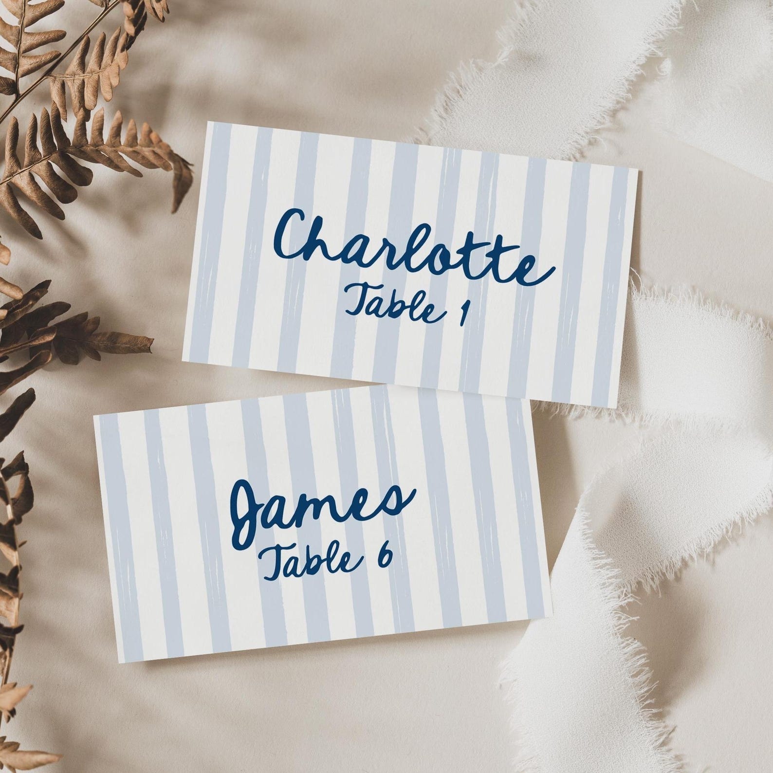 Editable Place Card Template, Coastal Beach Wedding, Blue White Striped ...
